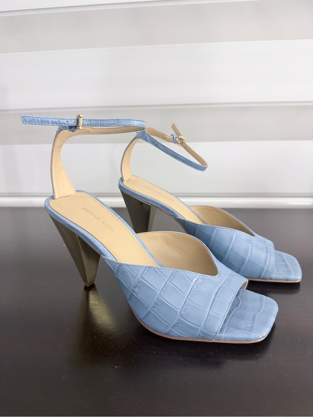 Michael Kors Light Blue Croc-Embossed Ankle Strap Cone Heels